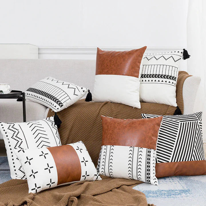 Moroccan Geometric Accent Pillowcase – Leather and Cotton Blend Cushion Cover